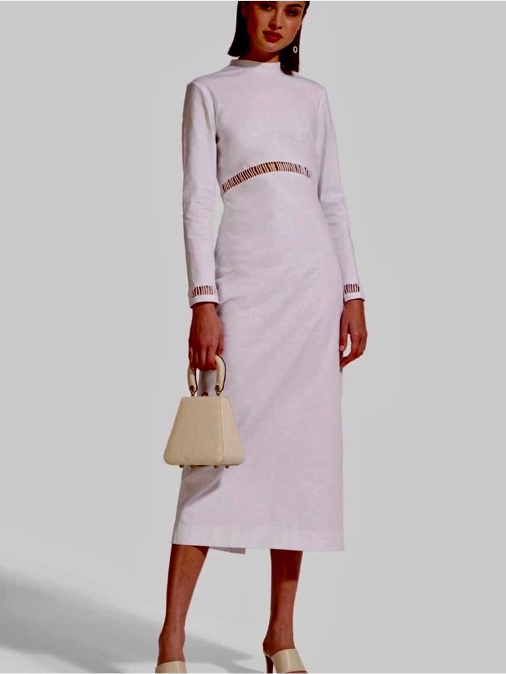 STAUD Ivory Long-Sleeve Midi Dress with Cutout Detailing
